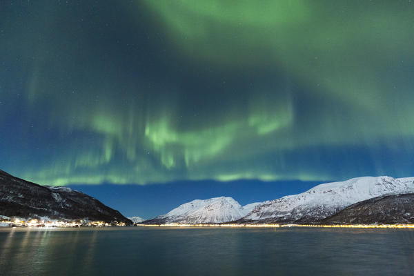 Northern lights over the fjord. Lokvoll, Manndalen, Kafjord, Lyngen Alps, Troms, Norway, Lapland, Europe.