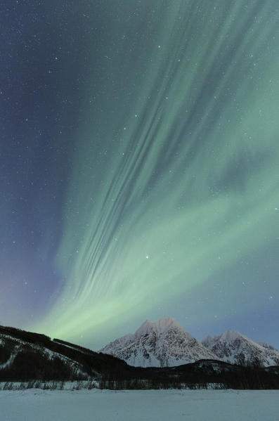 Aurora Borealis illuminates the landscape with views of the Lyngen Alps. Svensby, Ullsfjorden, Lyngen Alps, Troms, Norway, Lapland, Europe.