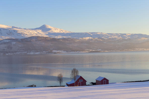 Winter panorama around Gibostad. Gibostad, Gisundet, Senja, Norway, Europe.