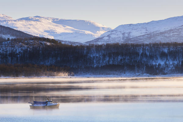 Fisherman's boat sails in the fjord illuminated by the sun. Gibostad, Gisundet, Senja, Norway, Europe.