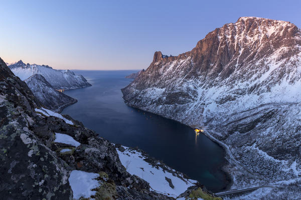 Twilight on Oyfjorden. Barden, Mefjordbotn, Mefjorden, Senja, Norway, Europe.