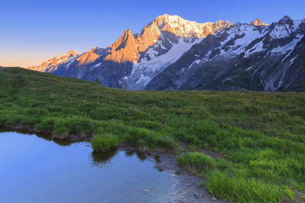 Water puddle with a view of Mont Blanc at dawn. Mont de la Saxe, Ferret Valley, Courmayeur, Aosta Valley, Italy, Europe
