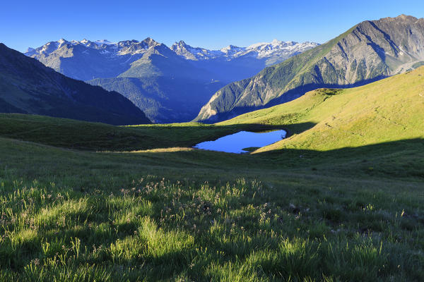 The sun illuminates an alpine pond. Mont de la Saxe, Ferret Valley, Courmayeur, Aosta Valley, Italy, Europe