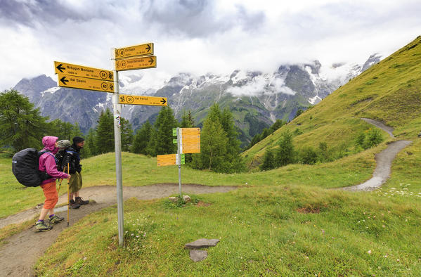 Hikers go along the panoramic trail of Ferret Valley. Bertone Hut, Ferret Valley, Courmayeur, Aosta Valley, Italy, Europe