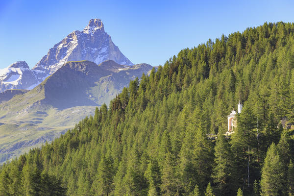 Church of Nostra Signora della Guarigione with the Matterhorn in the background. Cheneil, Valtournanche, Aosta valley, Italy, Europe