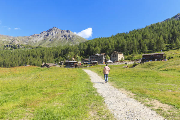 Hikers walk at the village of Cheneil. Cheneil, Valtournanche, Aosta valley, Italy, Europe