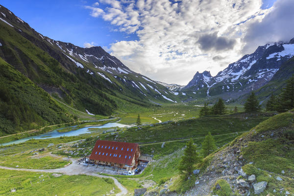 Sunset light on Cabane du Combal. Cabane du Combal, Combal Lake, Veny Valley, Courmayeur, Aosta Valley, Italy, Europe