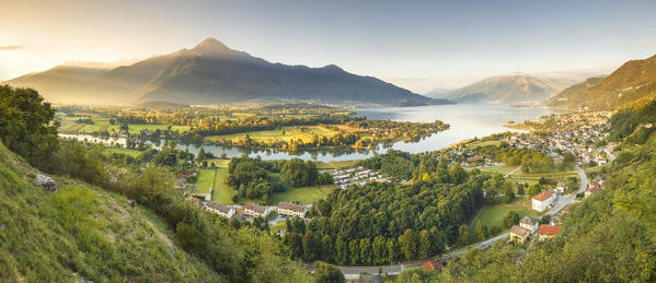 First light on Legnone mount, panorama of Sorico village, lake Como, Como province, Lombardy, Italy, Europe