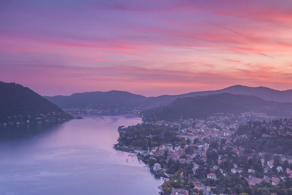 Sunset on lake Como and Cernobbio village, Como province, Lombardy, Italy, Europe