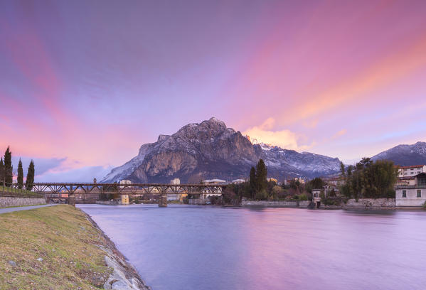 Sunrise on Coltignone mount and Adda river from Pescate, Lecco province, Lombardy, Italy, Europe