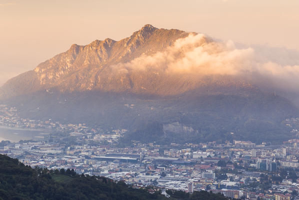Sunrise on Barro mount and Lecco city, Lombardy, Italy, Europe