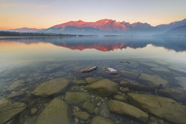 Sunrise on Annone lake and Lecco mountains, Brianza, Oggiono, Lecco province, Lombardy, Italy, Europe