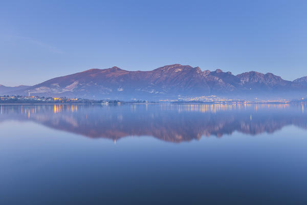 Sunrise on Annone lake and Lecco mountains, Brianza, Oggiono, Lecco province, Lombardy, Italy, Europe