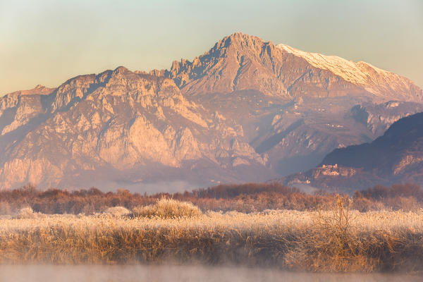 Sunrise on Grigna and Coltignone mount from Adda river, Airuno, Brianza, Lecco province, Lombardy, Italy, Europe