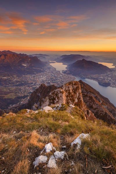 Sunset on Lecco from the top of Coltignone mount, Lecco province, Lombardy, Italy, Europe