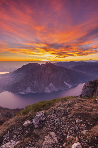 Sunset on Lecco mountains (Corni di Canzo, Cornizzolo, Rai) and lake Como from the top of Coltignone mount, Lecco province, Lombardy, Italy, Europe