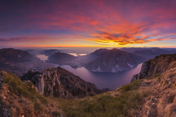 Sunset on Lecco and lake Como from the top of Coltignone mount, Lecco province, Lombardy, Italy, Europe