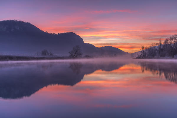 Sunrise on Adda river, Airuno, Brianza, Lecco province, Lombardy, Italy, Europe