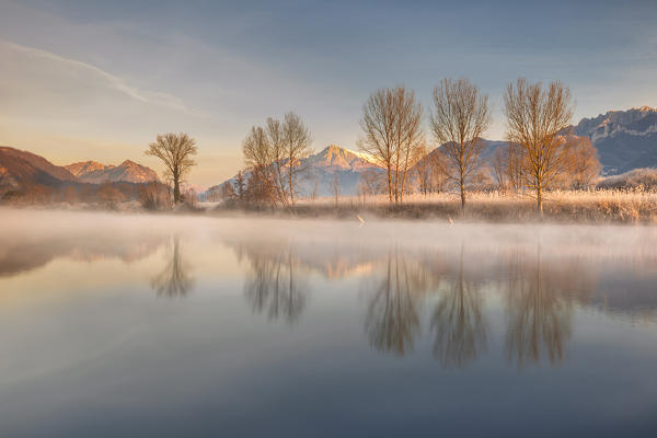 Sunrise on Adda river, Airuno, Brianza, Lecco province, Lombardy, Italy, Europe