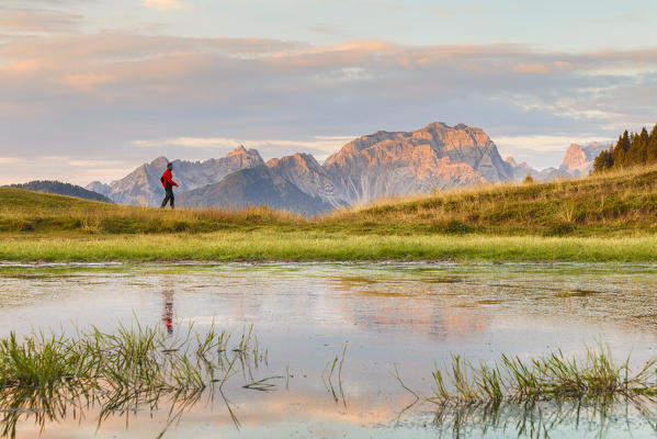 Hiker runs reflected into the lake of the Vipers, Brenta group, Non valley, Cles, Trento province, Trentino Alto Adige, Italy, Europe (MR)