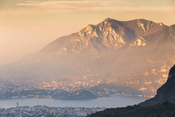 Lecco mountains (cornizzolo, corno birone, rai) and Valmadrera town at sunrise, lake Como, Lecco province, Lombardy, Italy, Europe