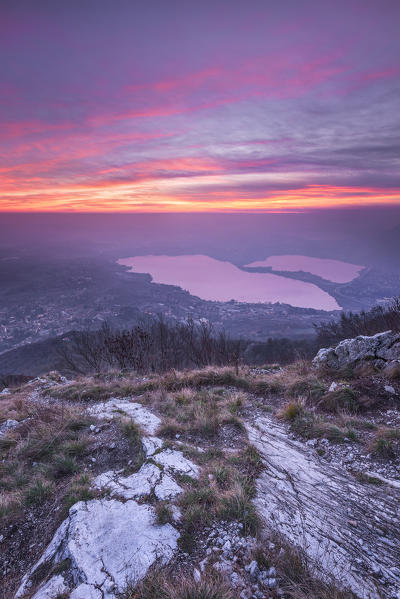Sunset on Brianza and Annone lake from the top of Barro mount, Lecco province, Lombardy, Italy, Europe