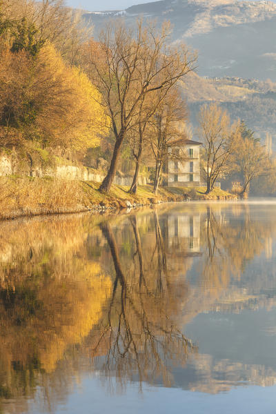 Morning reflections of Brivio village, Lecco province, Lombardy, Italy, Europe