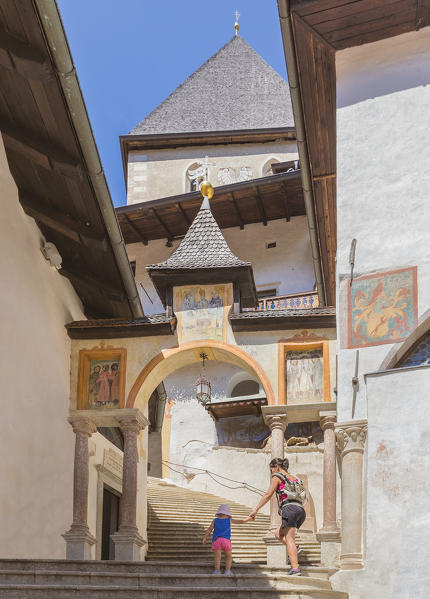 Mom and son visits San Romedio monastery, Sanzeno, Predaia, Non valley, Trento province, Trentino Alto Adige, Italy, Europe (MR)