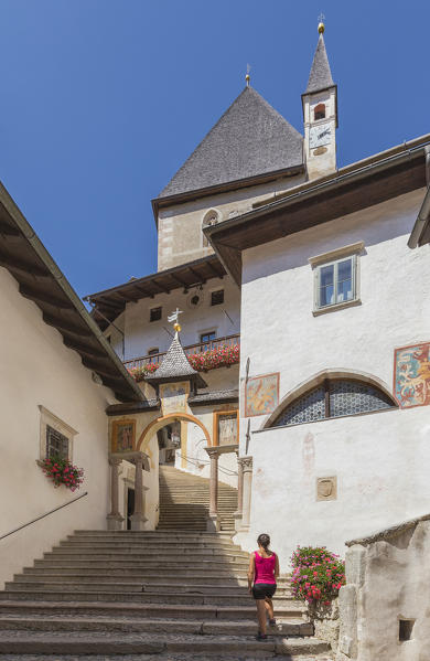 Tourist visits San Romedio monastery, Sanzeno, Predaia, Non valley, Trento province, Trentino Alto Adige, Italy, Europe (MR)