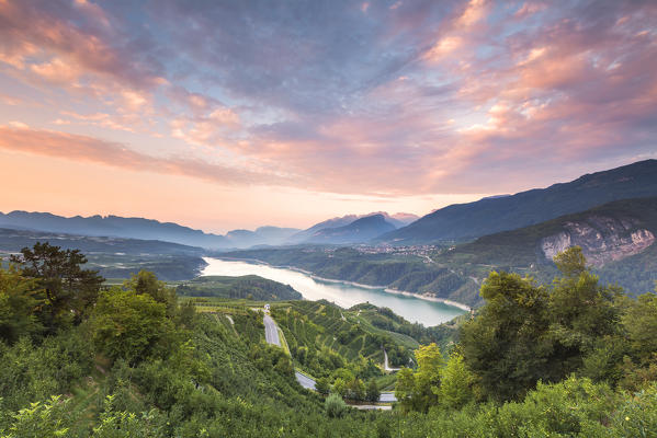 Sunrise on Santa Giustina lake, Non valley, Trento province, Trentino Alto Adige, Italy, Europe