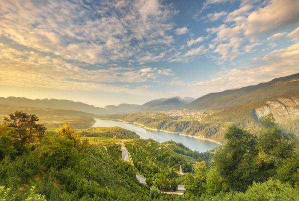 Sunrise on Santa Giustina lake, Non valley, Trento province, Trentino Alto Adige, Italy, Europe