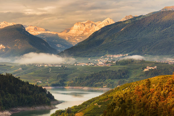 Sunrise on Santa Giustina lake and Brenta group Dolomites, Non valley, Trento province, Trentino Alto Adige, Italy, Europe