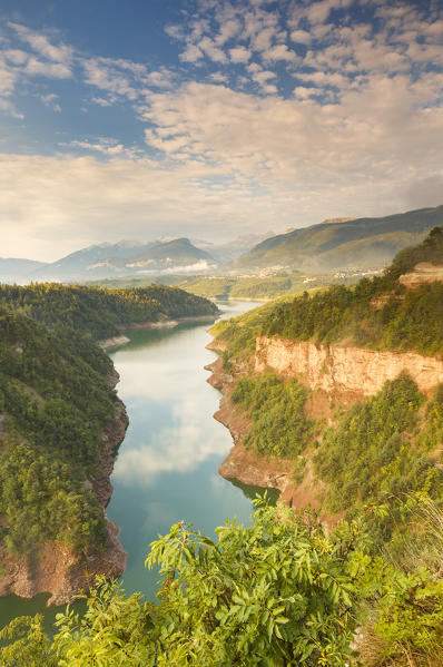 Sunrise on Santa Giustina lake, Non valley, Trento province, Trentino Alto Adige, Italy, Europe