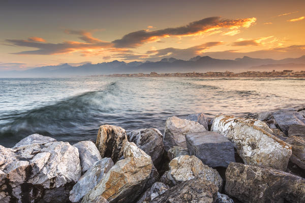Sunrise on Versilia and Ligurian Sea from Viareggio pier, Viareggio, Lucca province, Versilia, Tuscany, Italy, Europe