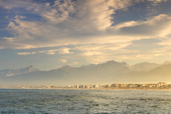 Sunrise on Versilia and Ligurian Sea from Viareggio pier, Viareggio, Lucca province, Versilia, Tuscany, Italy, Europe