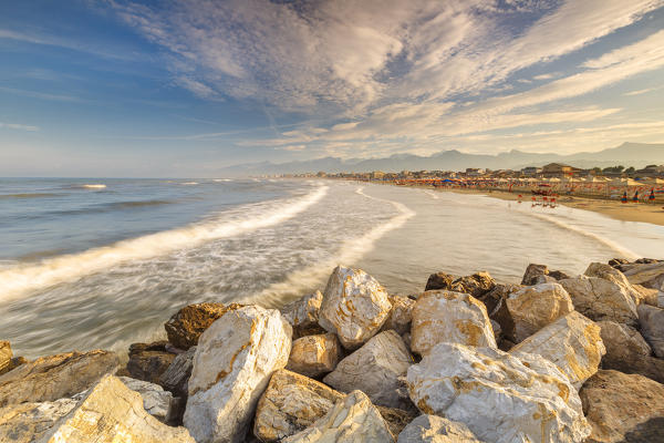 Sunrise on Viareggio beach, Ligurian Sea, Viareggio, Lucca province, Versilia, Tuscany, Italy, Europe