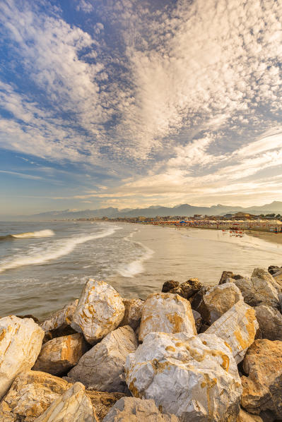 Sunrise on Viareggio beach, Ligurian Sea, Viareggio, Lucca province, Versilia, Tuscany, Italy, Europe