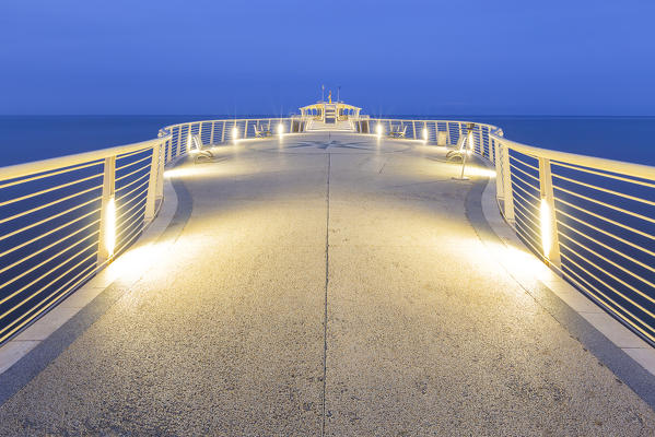 Lido di Camaiore pier illuminated at dawn, Lucca province, Versilia, Tuscany, Italy, Europe