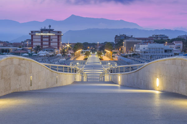 Dawn on Lido di Camaiore pier, Lucca province, Versilia, Tuscany, Italy, Europe