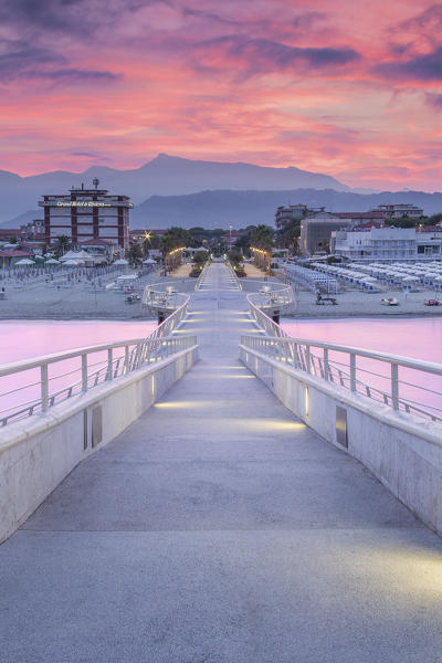 Sunrise on Lido di Camaiore pier, Lucca province, Versilia, Tuscany, Italy, Europe