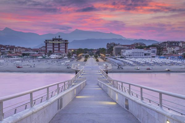 Sunrise on Lido di Camaiore pier, Lucca province, Versilia, Tuscany, Italy, Europe