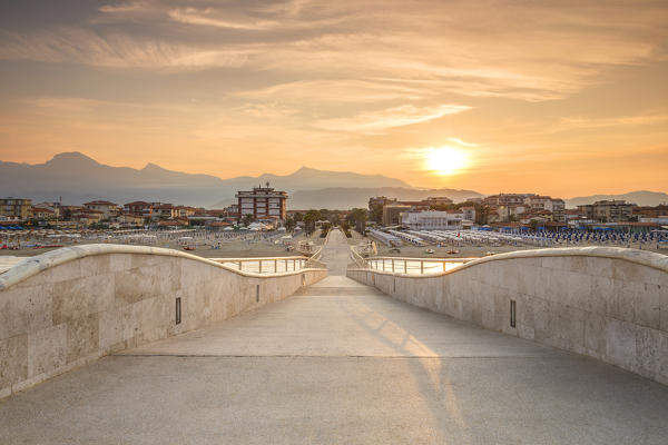 Sunrise on Lido di Camaiore pier, Lucca province, Versilia, Tuscany, Italy, Europe