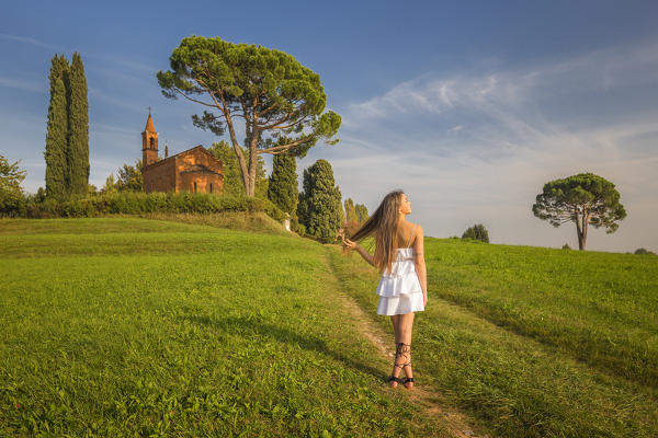 Girl take relax on meadows, Pomelasca, Inverigo, Como province, Brianza, Lombardy, Italy, Europe (MR)