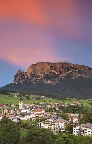 Sunset on Sciliar Dolomites and Fiè allo Sciliar village, Bolzano province, South Tyrol, Trentino Alto Adige, Italy, Europe