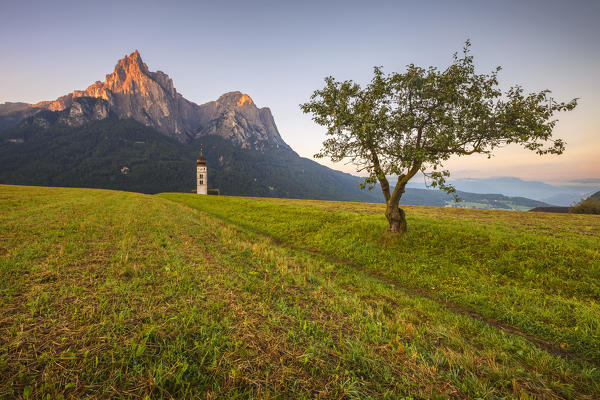 Sunset on Sciliar Dolomites, San Valentino church, Siusi Allo Sciliar, Castelrotto, Bolzano province, South Tyrol, Trentino Alto Adige, Italy, Europe (MR)