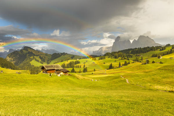 Rainbow on Alpe di Siusi/Seiser Alm, South Tyrol, Bolzano province, Trentino Alto Adige, Italy, Europe