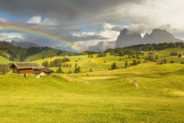 Rainbow on Alpe di Siusi/Seiser Alm, South Tyrol, Bolzano province, Trentino Alto Adige, Italy, Europe
