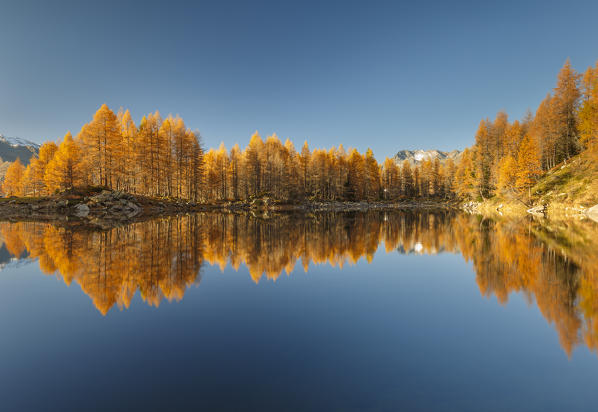 Autumn reflections on Azzurro lake, Motta, Campodolcino, Sondrio province, Lombardy, Italy, Europe