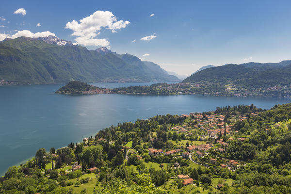 A view of Bellagio and lake Como from the path to San Martino church, Griante, Como province, Lombardy, Italy, Europe