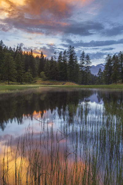 Sunset on Palu dal Fén lake, Gualdera, Campodolcino, Sondrio province, Spluga valley, Lombardy, Italy, Europe